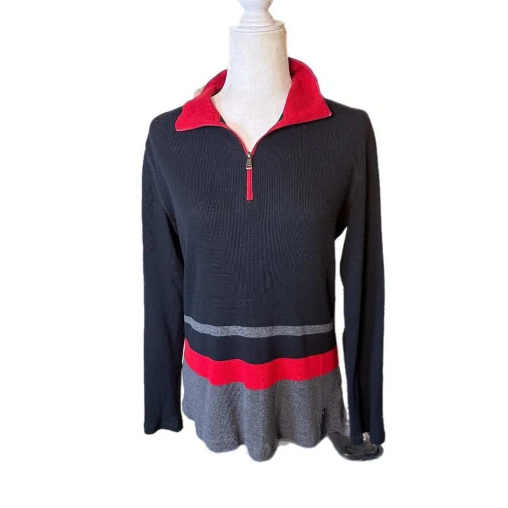 Vintage  Lauren Ralph Lauren Active Large Black  1/4 Zip Striped‎ Preppy Classic
